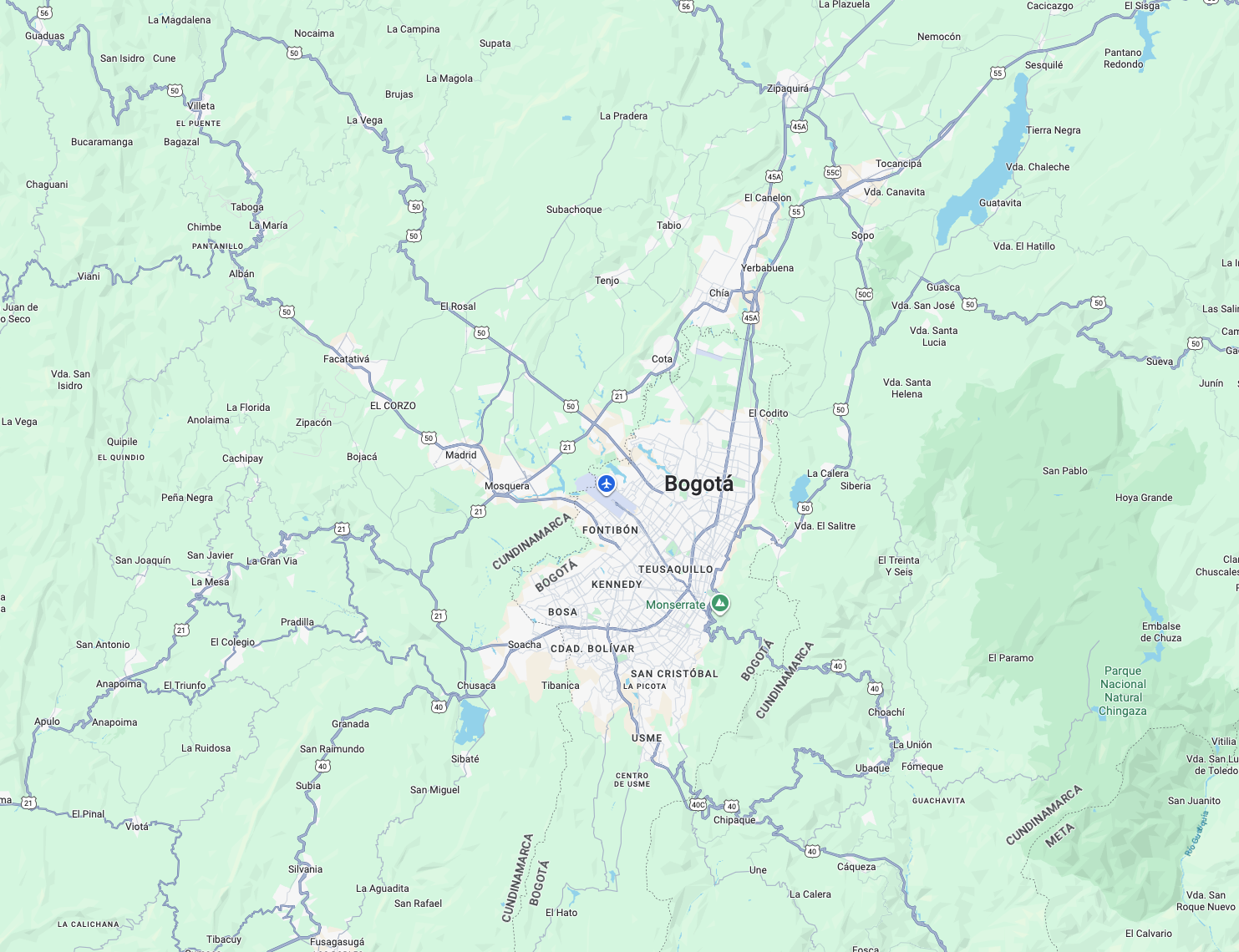 Mapa de cobertura Bogotá y municipios cercanos